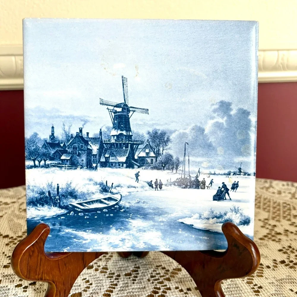 Vintage 1980s Royal Mosa Holland Delft Blue Ceramic Tiles 4-Piece Set 6